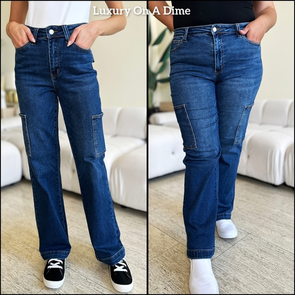High-Rise Waist Cargo Pockets Denim Boyfriend Straight Leg Jean Pants Judy Blue - Picture 12 of 13